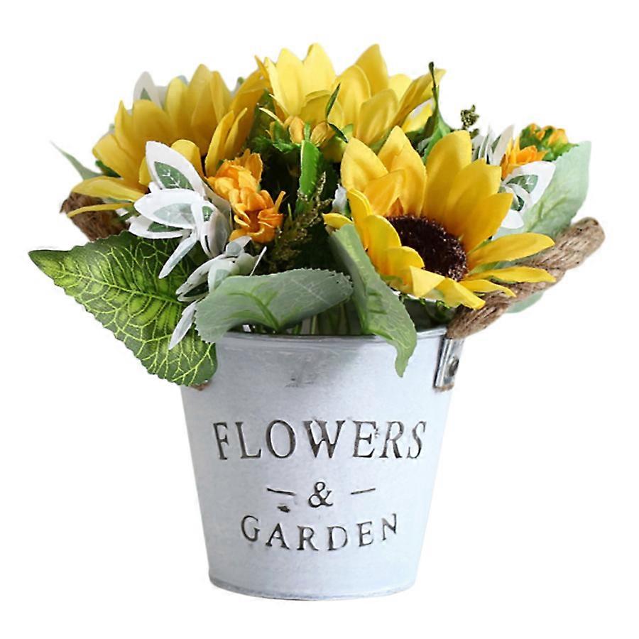 Vaso in metallo vintage con composizione di girasole in seta - pianta artificiale realistica
