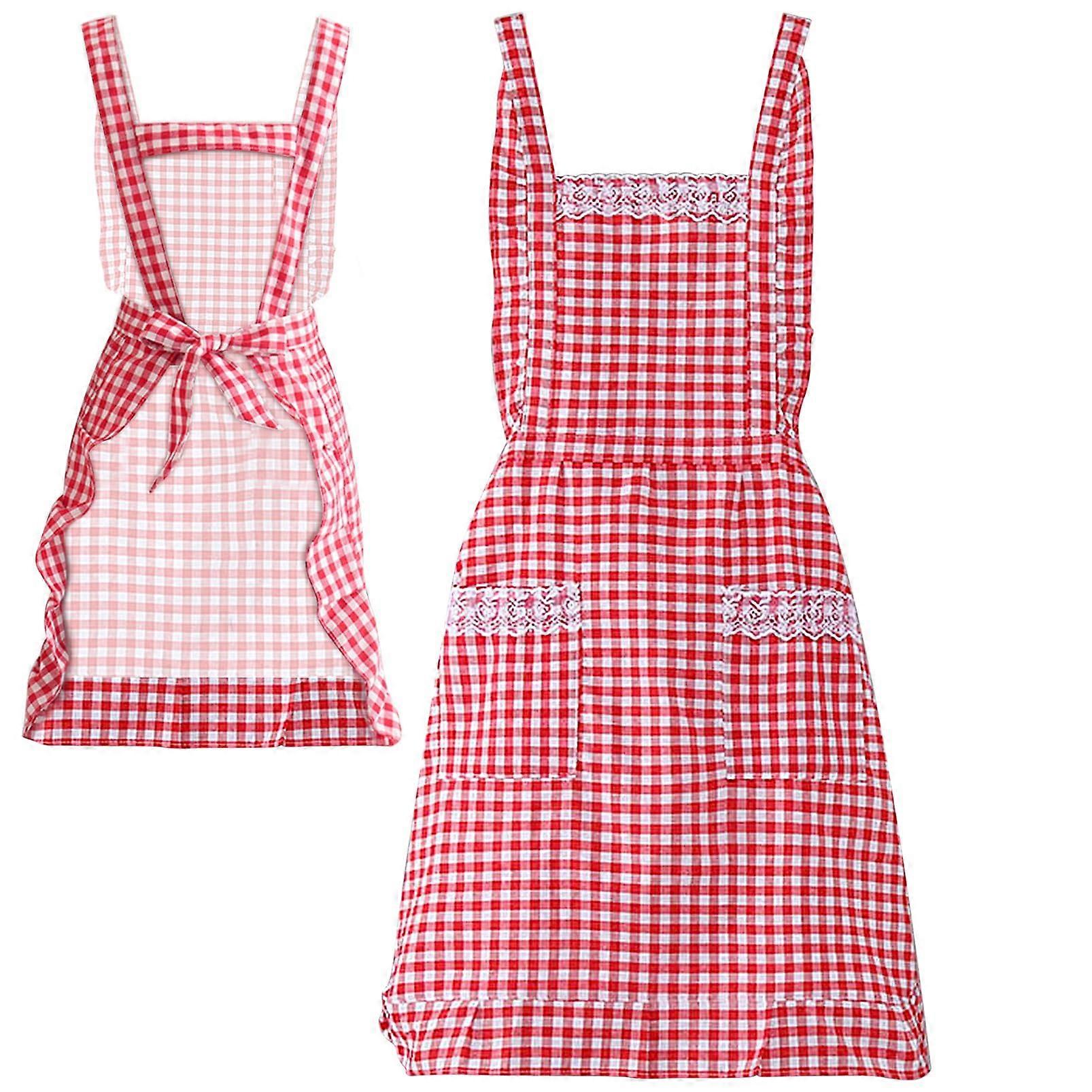Vintage Red and White Gingham Cotton Apron for Home Kitchen