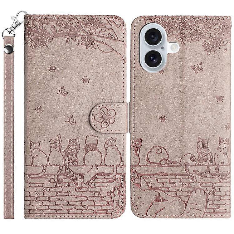 Compatible For iPhone 16 Plus Case with Wrist Strap Leather Phone Cover Wall Cats Pattern