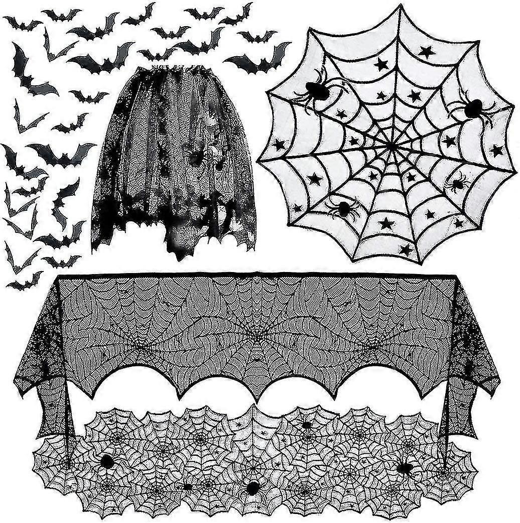 6pack Halloween Decorations Tablecloth, Runner Black Lace Spider Cobweb Table Cover