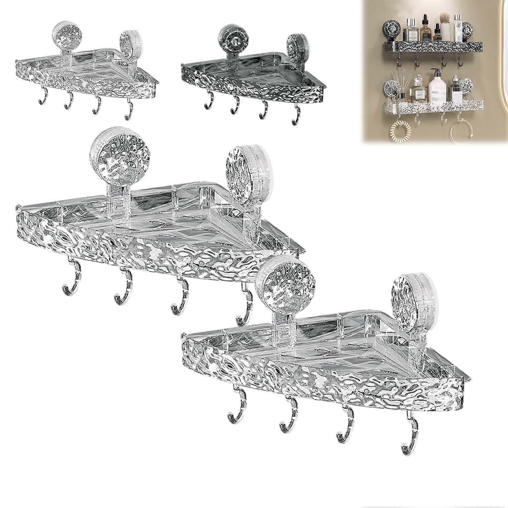 Corrugated Suction Cup Storage Holder, Wall-Mounted Bathroom Shelf, Clear Acrylic Rack with 4 Hooks, Glacier Pattern, No Drill Installation (2 Pcs)