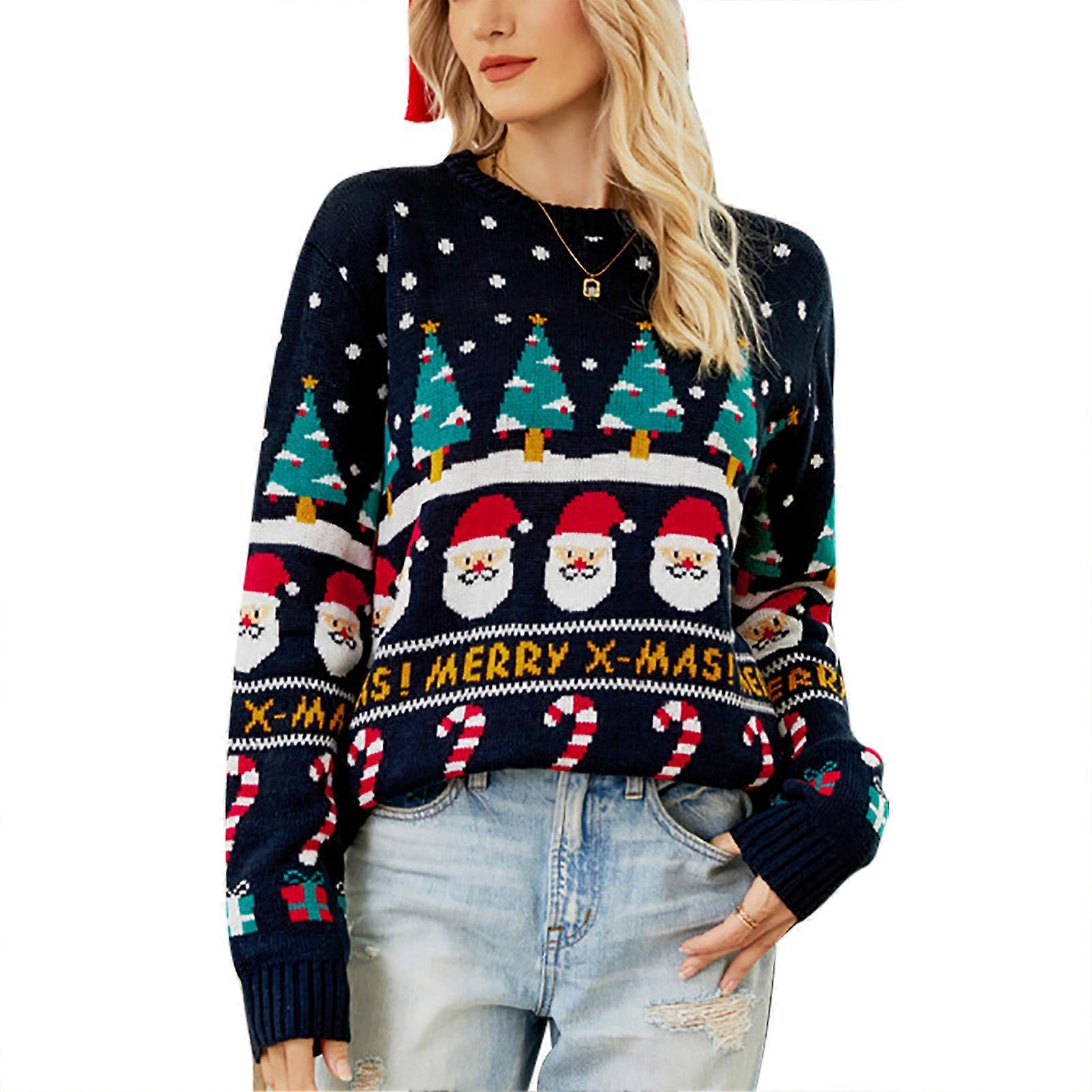 Women Christmas Crewneck Drop Shoulder Printed Color Blocking Warm Pullover Sweater for Winter Autumn