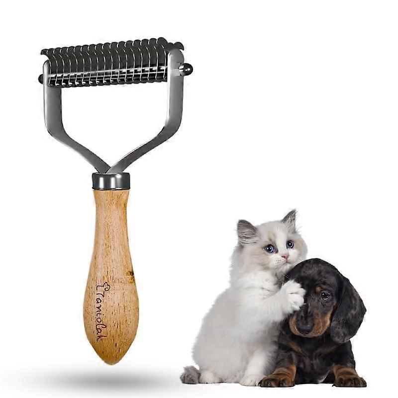 Double -sided steel knife for dogs and cats for pets and cats, knotting and shedding control, with a wooden handle, suitable for all types of feather