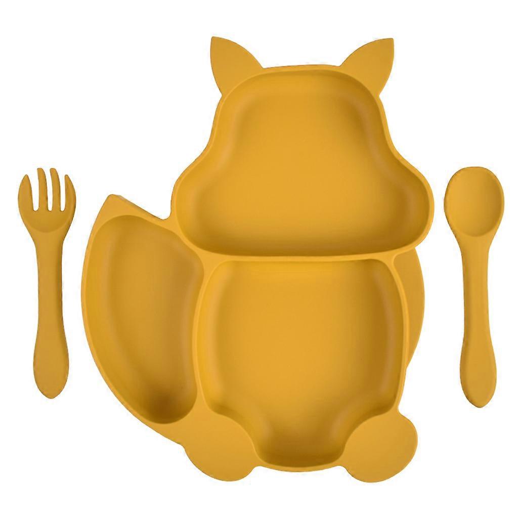 Food Grade Silicone Squirrel Shape Baby Divided Feeding Plate with Spoon Fork Set Non Slip Training Food Utensil Toddlers Dinnerware Tableware