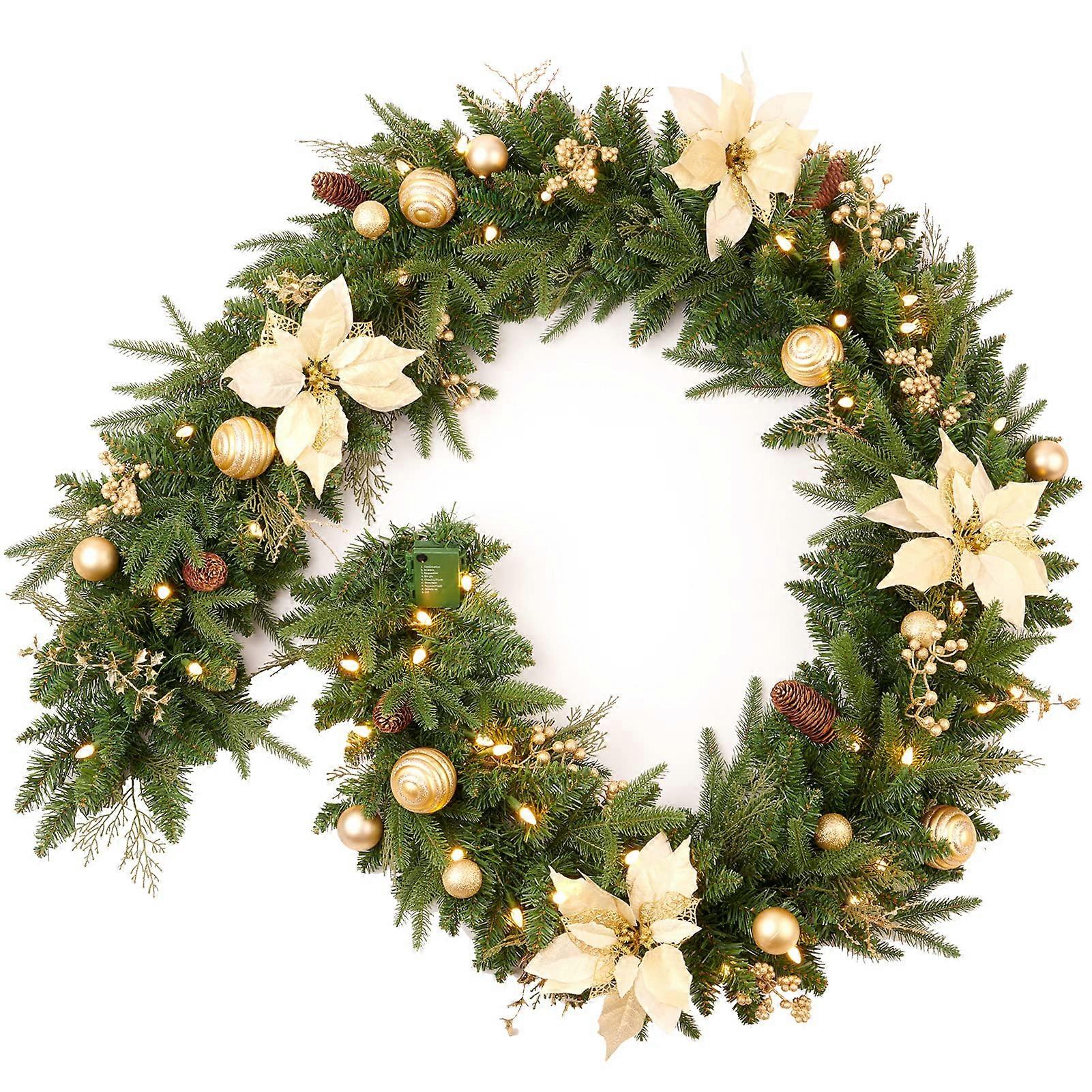 Prelit 9ft Christmas Garland with Gold Berries and Balls,Pine Cone,Golden Flower and 50 LED Lights