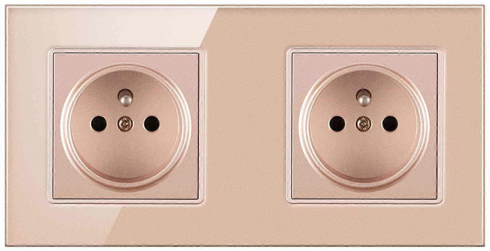 Eu Plug Electrical Double Outlets 16A 250V Wall Power 2-Socket Golden Glass Panel French Sockets