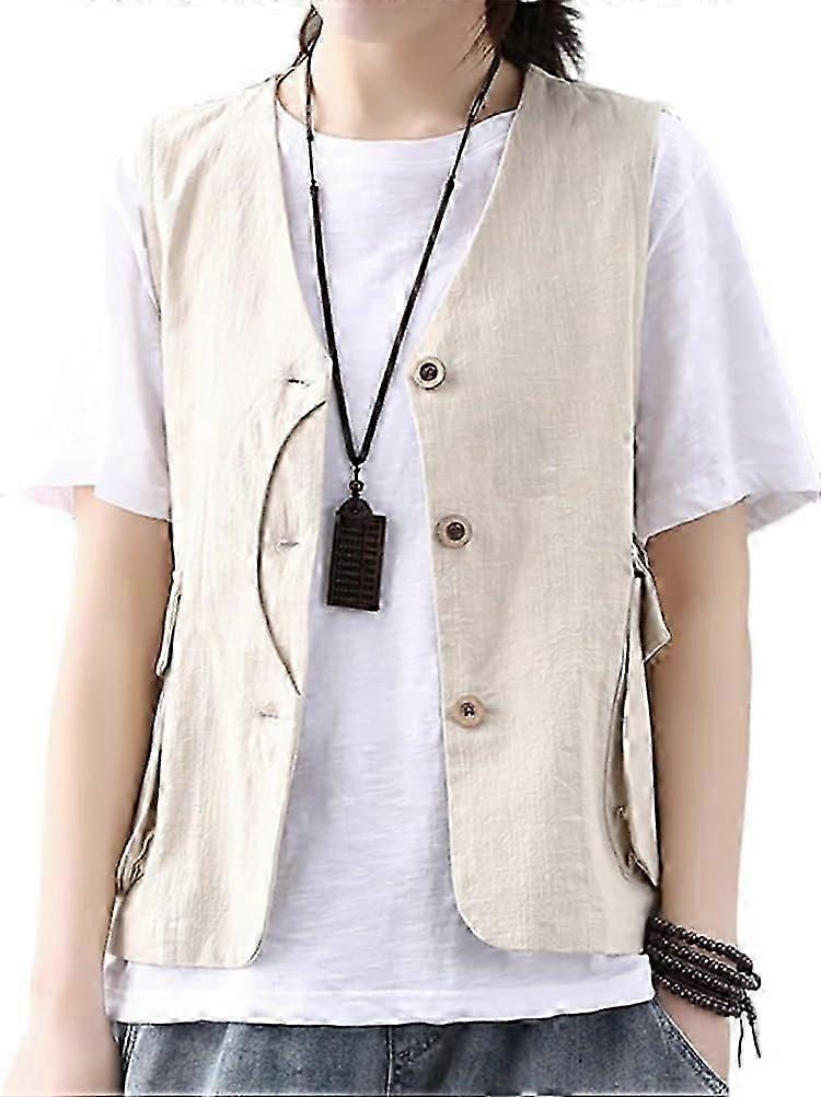 Womens Linen Vest Casual Spring Summer Sleeveless Blazer Jackets Tops