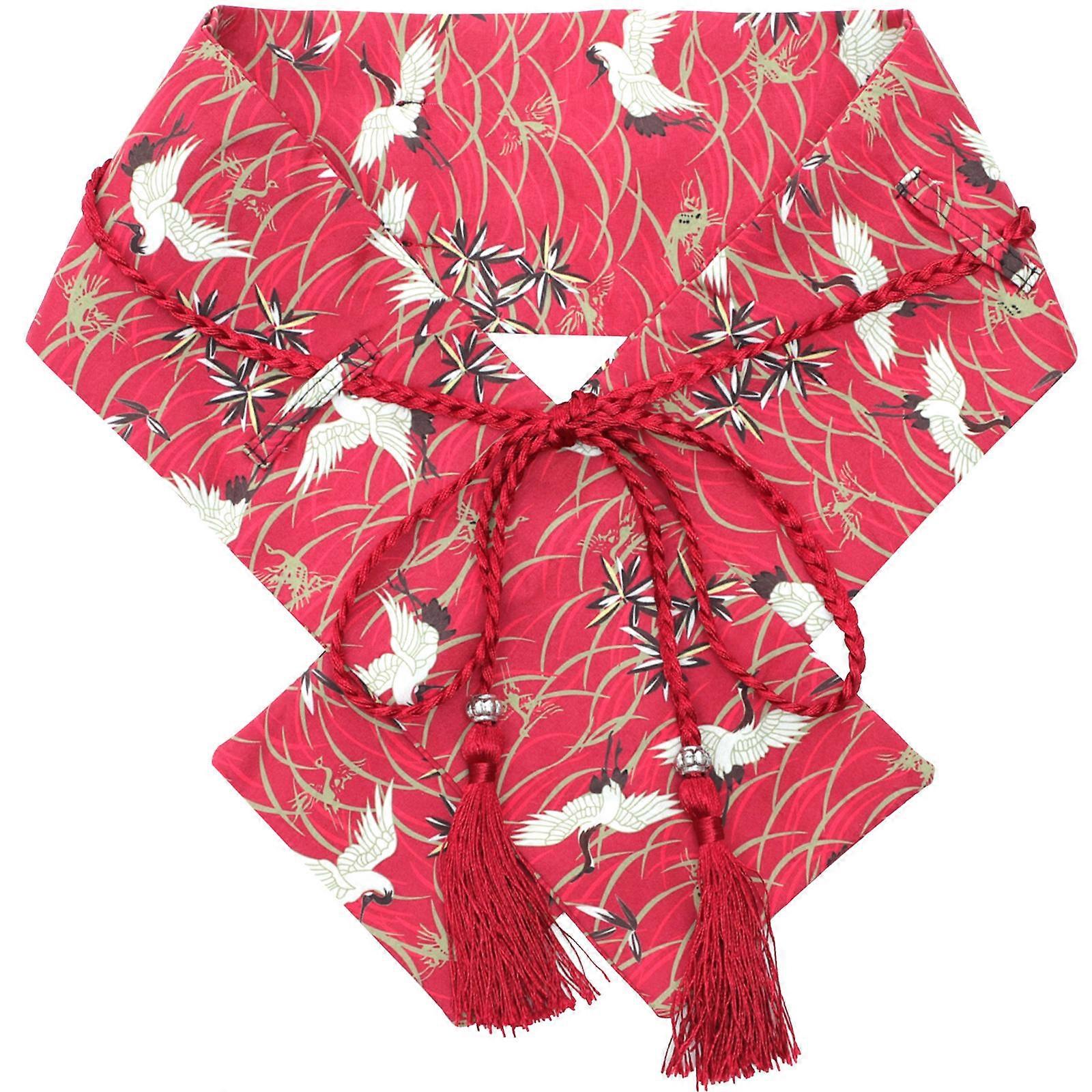 Vintage Crane Pattern Fringed Lace-up Yukata Waist Belt Ladies Kimono Belt for Wedding Party Ceremony (Red)
