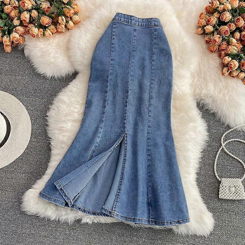Stretch Open Fork Fishtail Package Hip Skirt Summer Slim Ruffled A-line Skirt In The Long Skirt Female Comfortable Fashion Denim Bustier Skirt