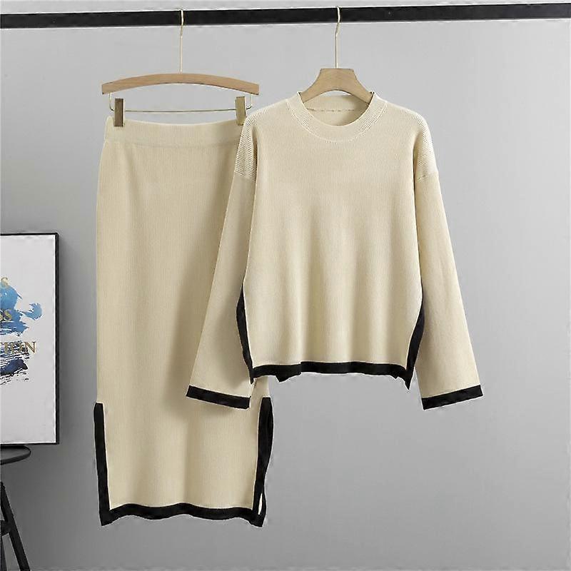 Knit Suit Women's Plus Size Long Sleeve Sweater Autumn Collision Color Temperament Round Neck Top Split Skirt Suit