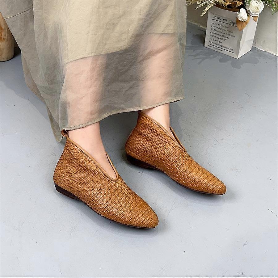Johnature Retro Boots Genuine Leather Hand Woven Women's Slip-on Shoes Pointed Toe Flat Short Boots