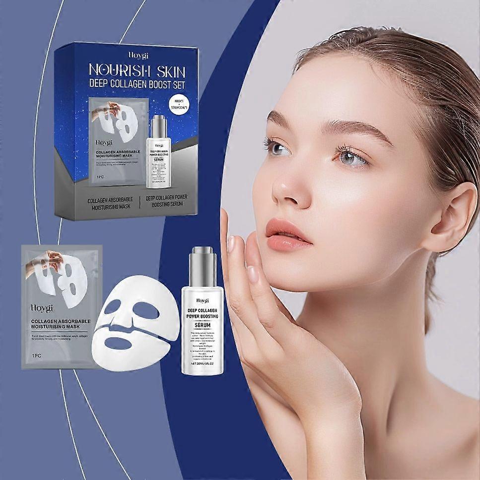 Conjunto de Reforço de Colágeno Profundo Hidratante Suave Máscara Facial Nutritiva e Conjunto de Essência, Sérum de Aumento de Poder de Colágeno + Máscara Facial de Colágeno Cuidados com a Pele Gi