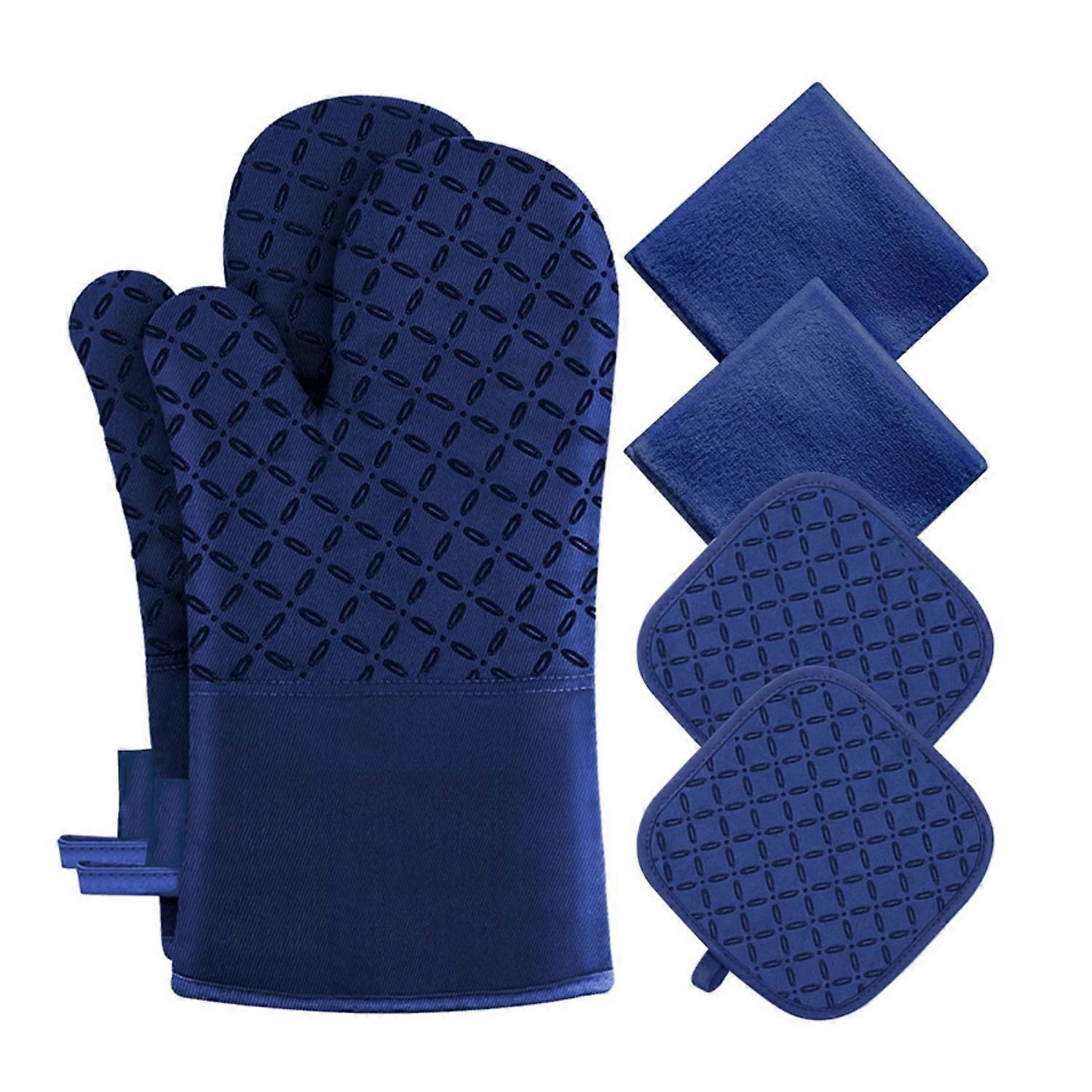 6 - Piece Thickened Oven Mitts & Pot Holders Set, 500 Heat - Resistant, Extra Long with Non - Slip Silicone Surface, Blue Kitchen Gloves for Cooking