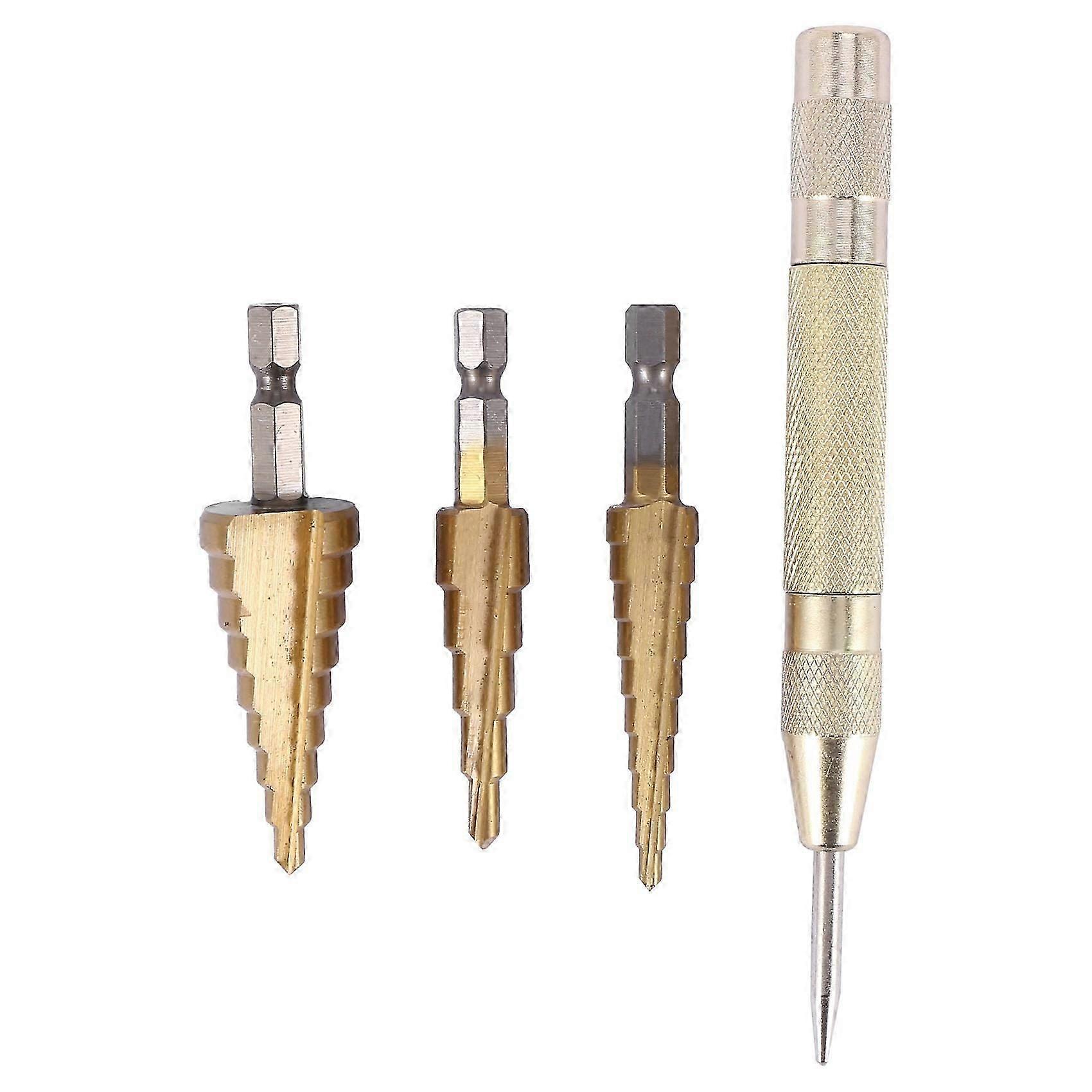 3 pcs HSS Titanium Step Drill Bit Set & 1 pcs Automatic Center Punch