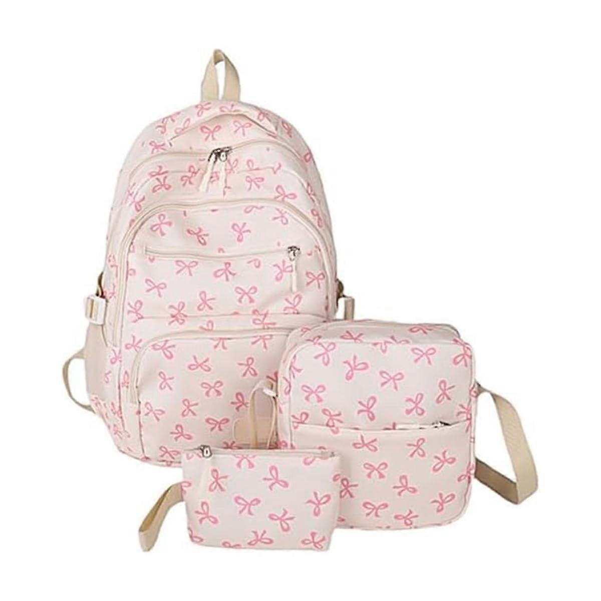 Girls Bowknot Backpack 3 Piece Set, Large Storage Nylon School Bag, Light Red, Stylish and Durable for Daily Use