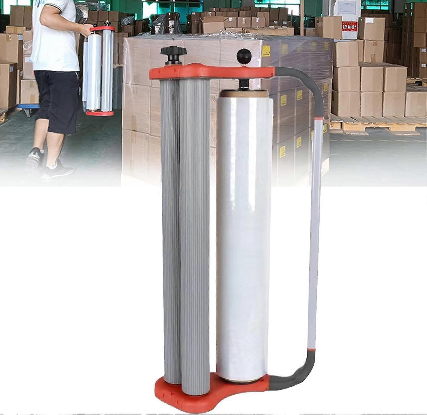 Manual stretch film dispenser with adjustable tension for easy packaging of parcels, cartons, and luggage in the warehouse.