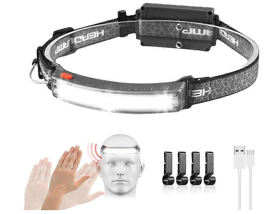LED Headlamp Rechargeable, 230degree Illumination Headlight, Super Bright Flashlight with Motion Sensors, 6 Modes Lightweight Waterproof(Black)