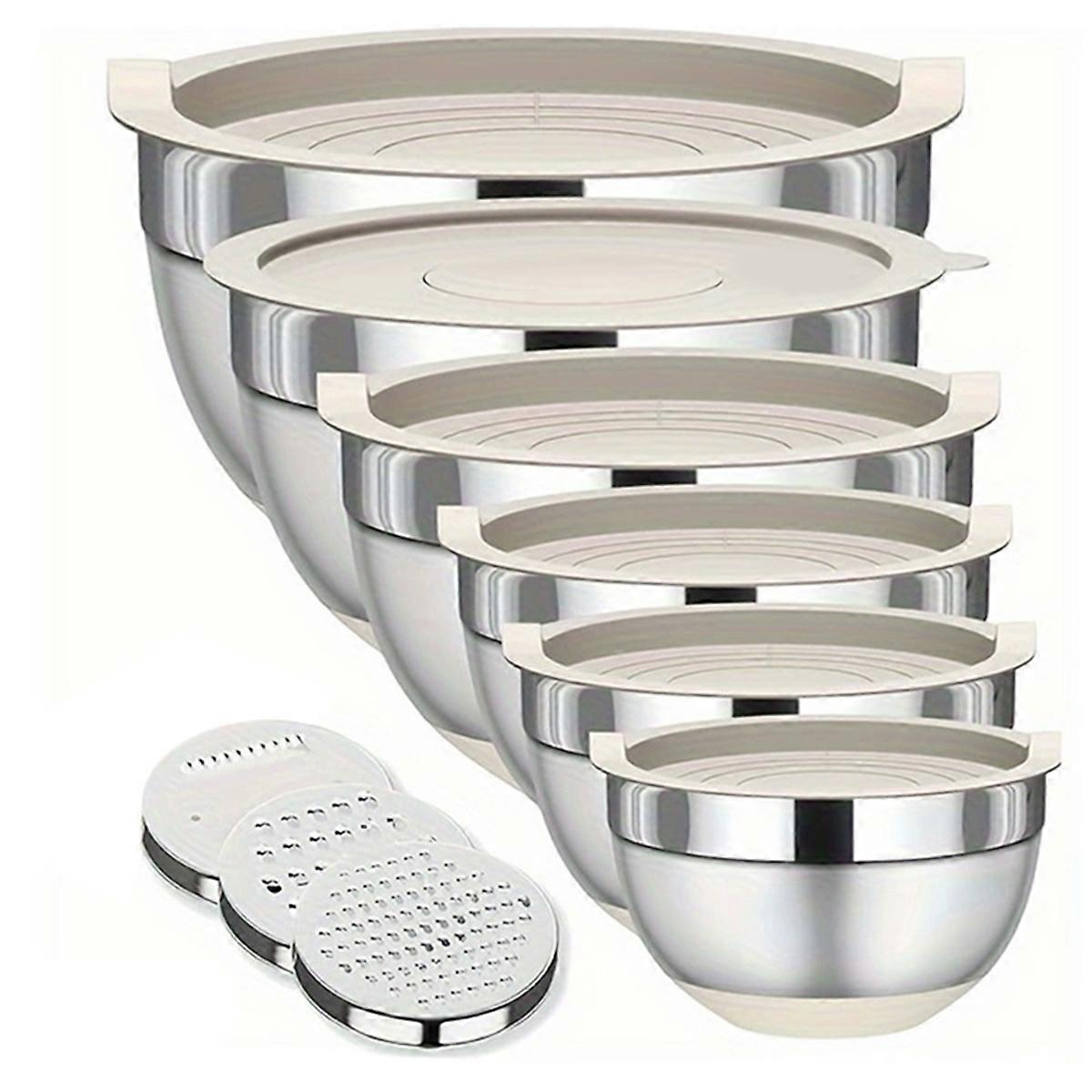 Khaki Mixing Bowl with Lid Set,6 Piece Stainless Steel Mixing Nesting Bowls for Salad Storage,3 Grater Attachments