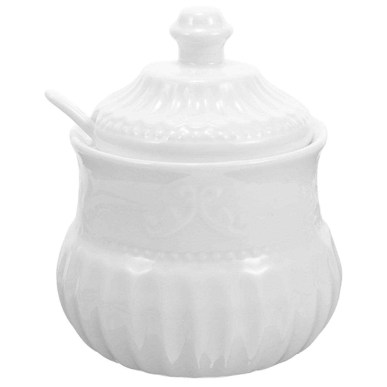 Household Ceramic Sugar Jar with Spoon in White 4Pcs Set