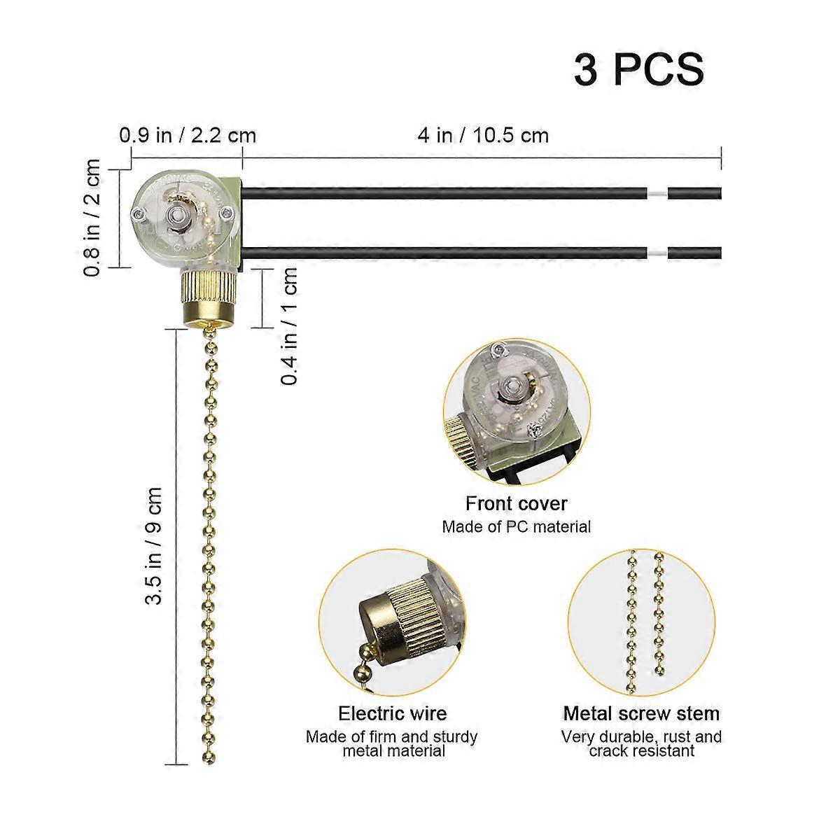 Fan Pull-Chain Switch for Ceiling Fan Lighting Control 3Pcs Golden