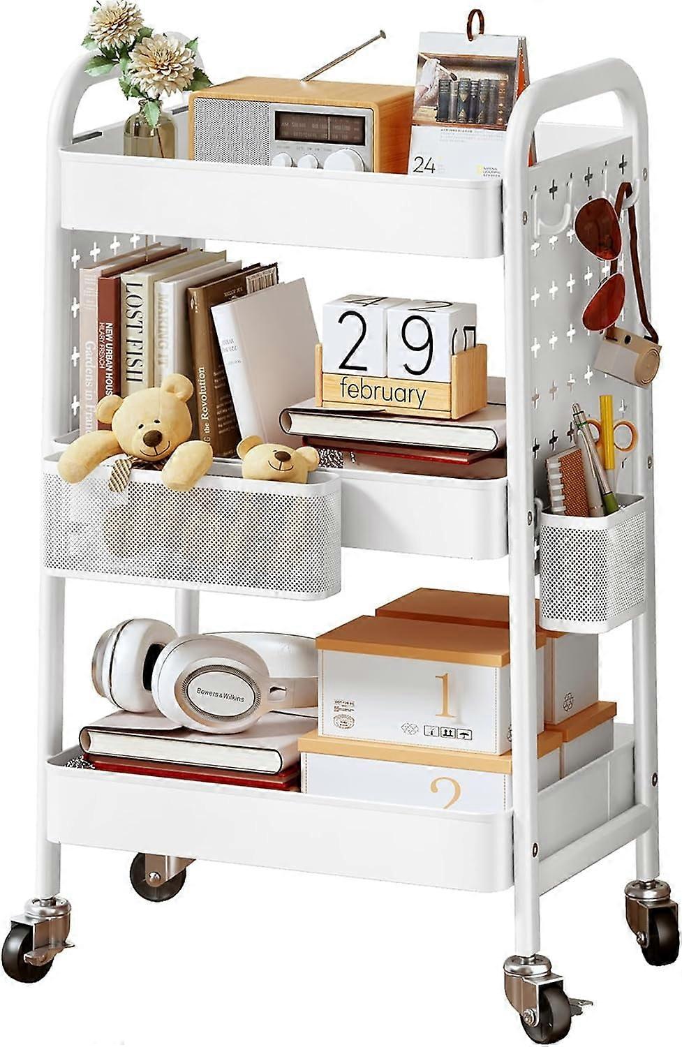 3 Tier Rolling Utility Cart - Metal White Cart Organizer with Wheels, Storage Cart with DIY Dual Pegboards, Removable Baskets Hooks