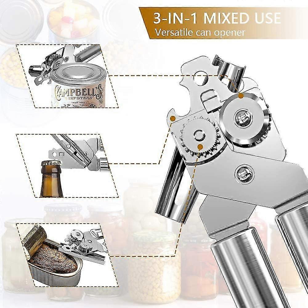 Abridor de latas manual em aço inoxidável resistente para cozinha, com borda lisa e durável, seguro para alimentos.