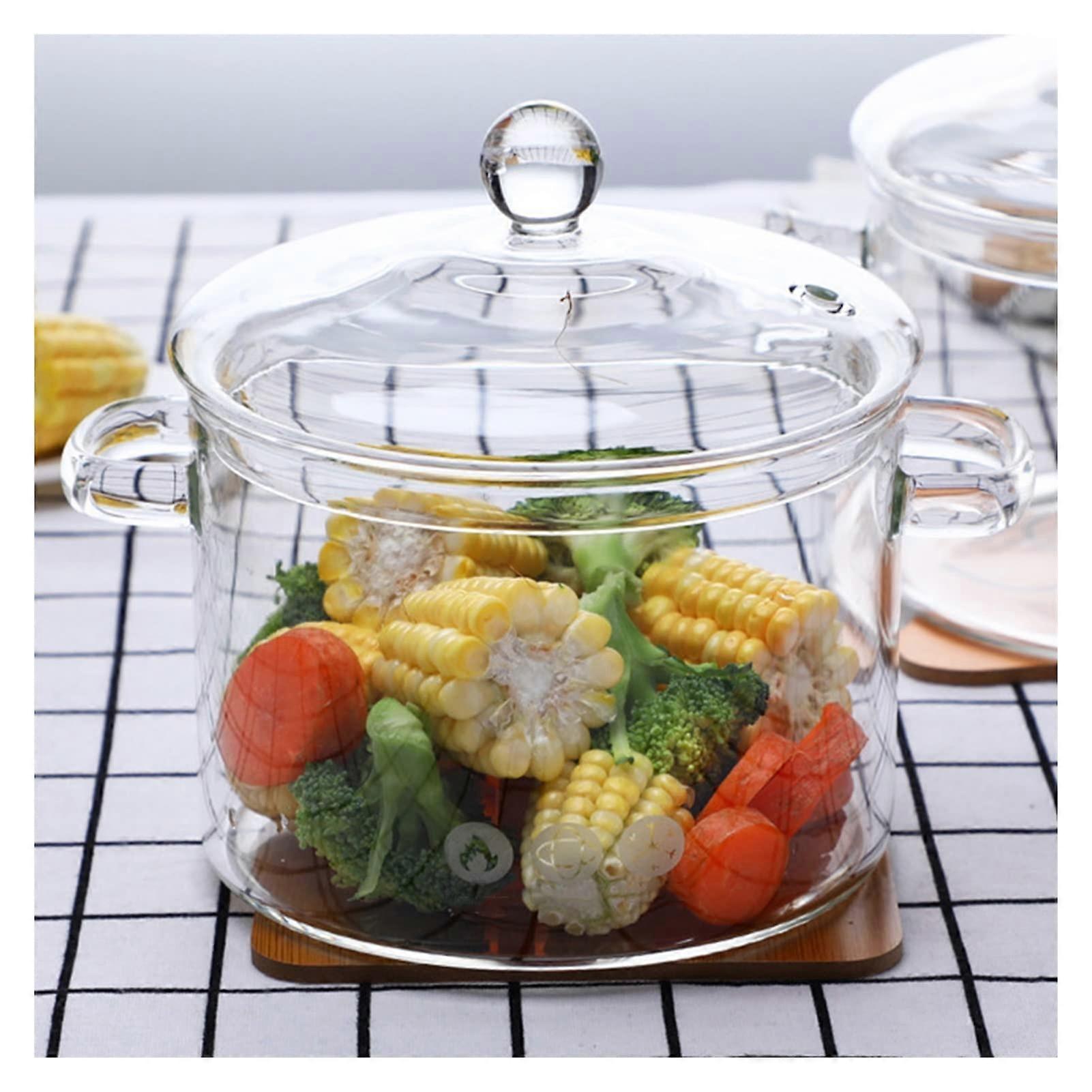 Transparent Glass Pot Borosilicate Stewpot With Two Ears 2000ml 2.1 Qt Clear For Noodles Soup Milk Baby Food