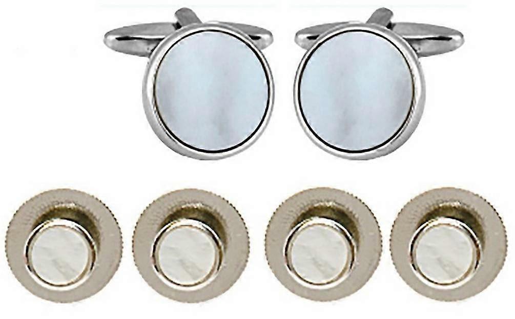 David Van Hagen Round Cufflinks and Dress Stud Set - White/Silver