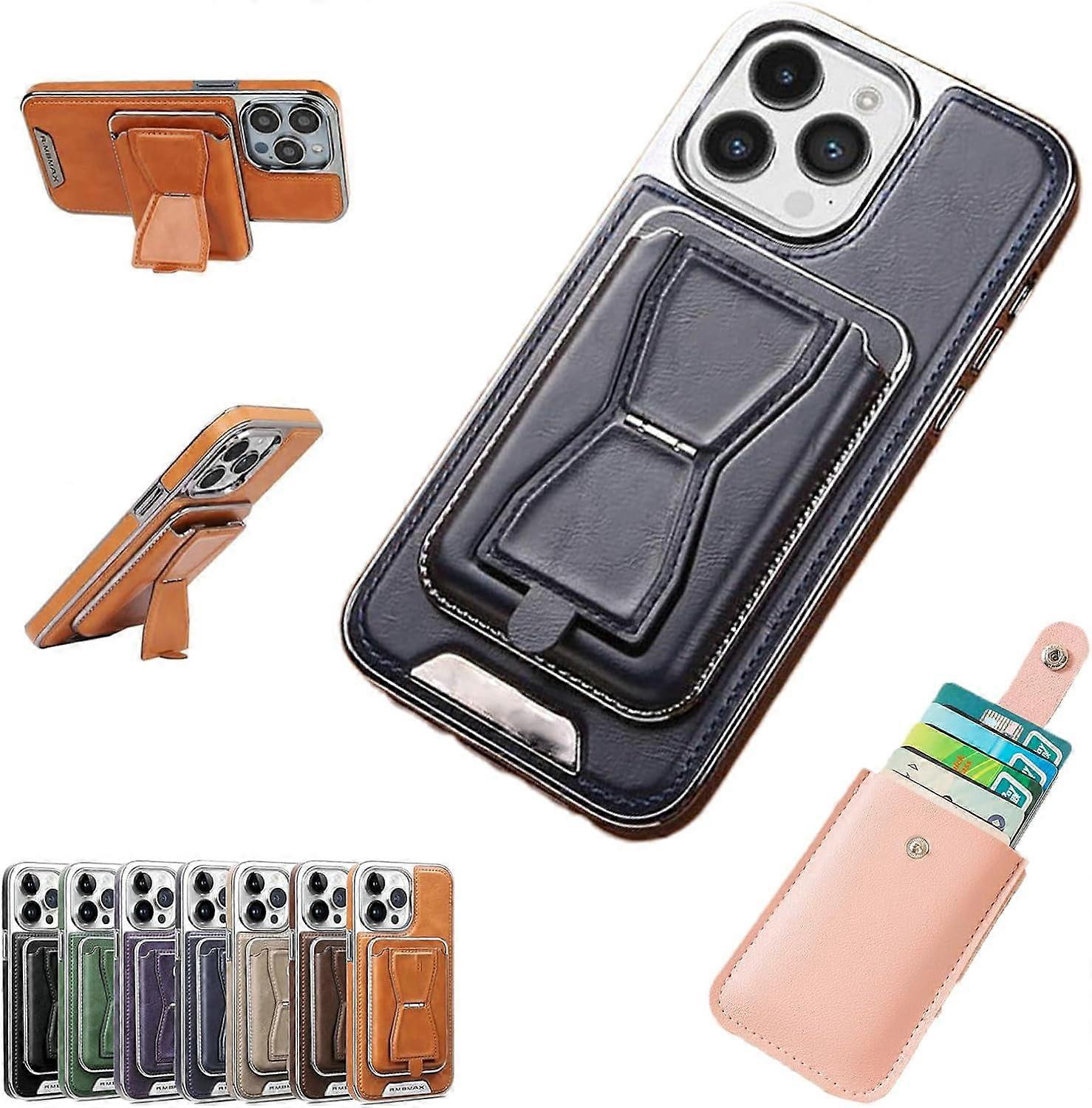 Symmetry Luxury Leather Case compatible with iPhone 15 Pro Max, Magnetic Card Holder Case with Removable Tape (Blue)