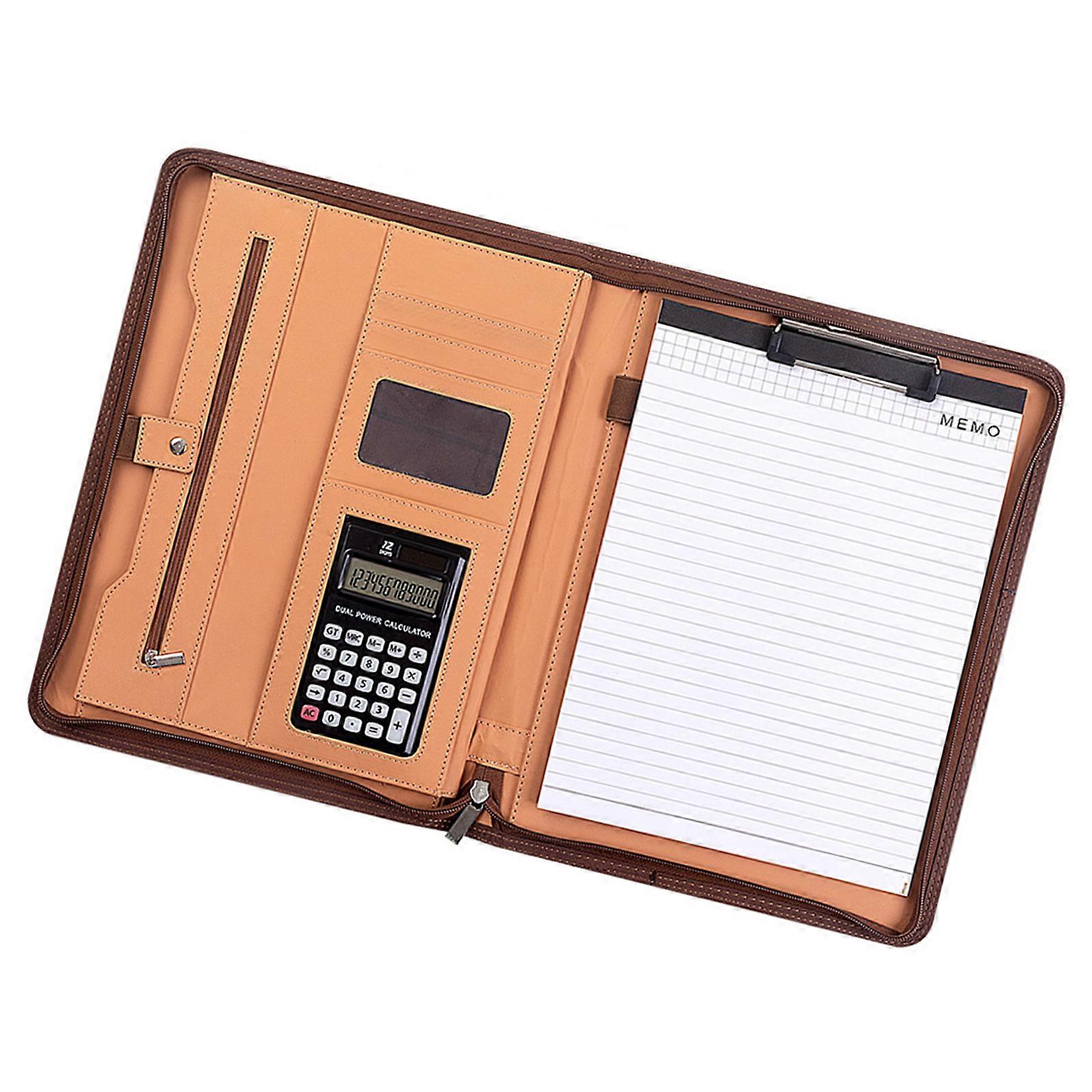 Business Conference Folder with 12 Digit Calculator and Notepads Zippered Leather Document Case File Organiser Clipboard  brown