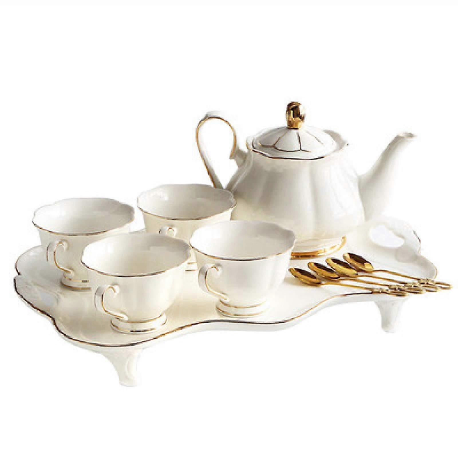 Porcelain Tea Set with Teapot, 4 Coffee Cups with Spoons and Serving Tray for Adults White
