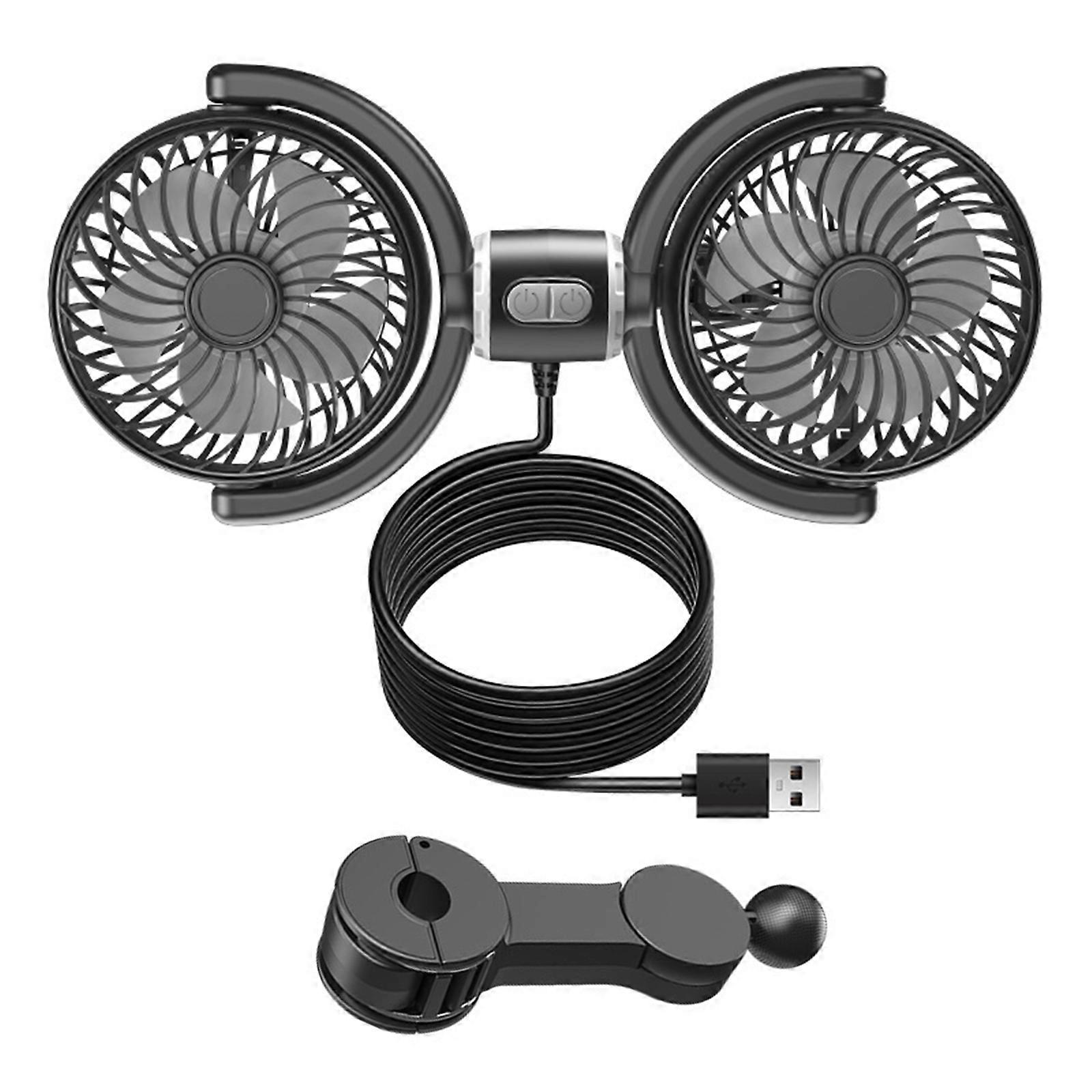 Lightweight Double Head Car Fan 3 Speed USB Powered 360° Rotatable Cooling Device for Enhanced Comfort & Air Circulation Multicolor