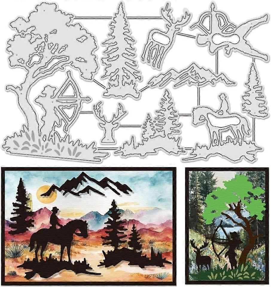 9Pcs Metal Tree Background Cutting Dies for Card Making Man Hunt Die Cuts Forest Elk Camel Deer Embossing Stencils Template Mould for Scrapbooking Alb