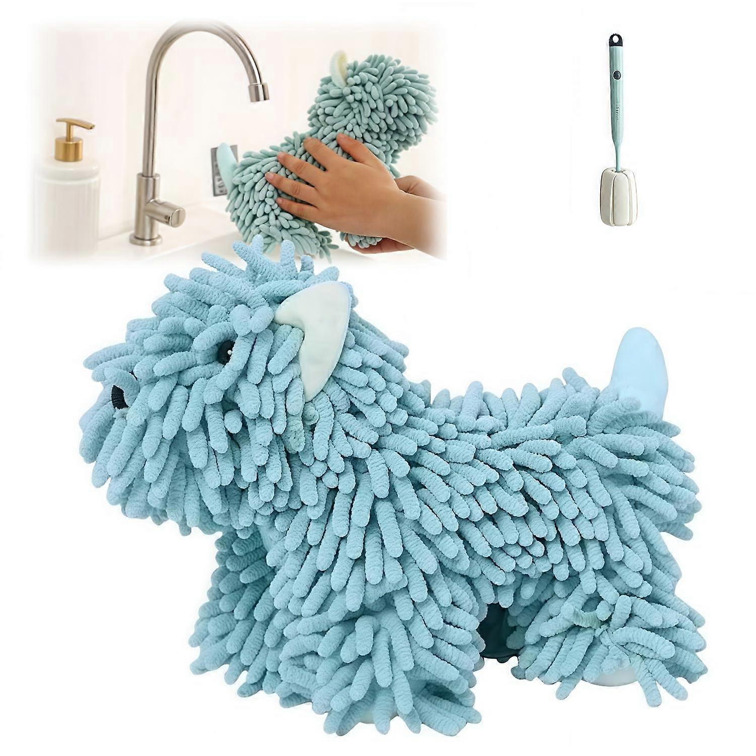 Cute Puppy Hand Towel with Soft Plush Texture, Absorbent Microfiber for Bathroom and Kitchen, Blue