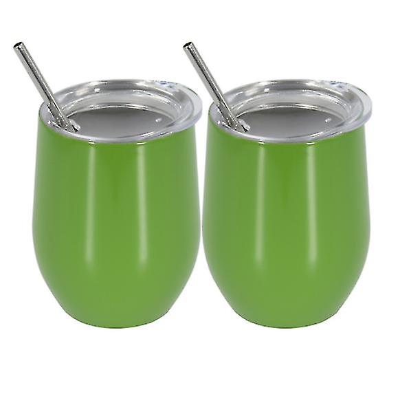 roestvrij staal geïsoleerde kolf, 350ml stalen mok, 2 stuks koffie mok met stro (donkergroen)