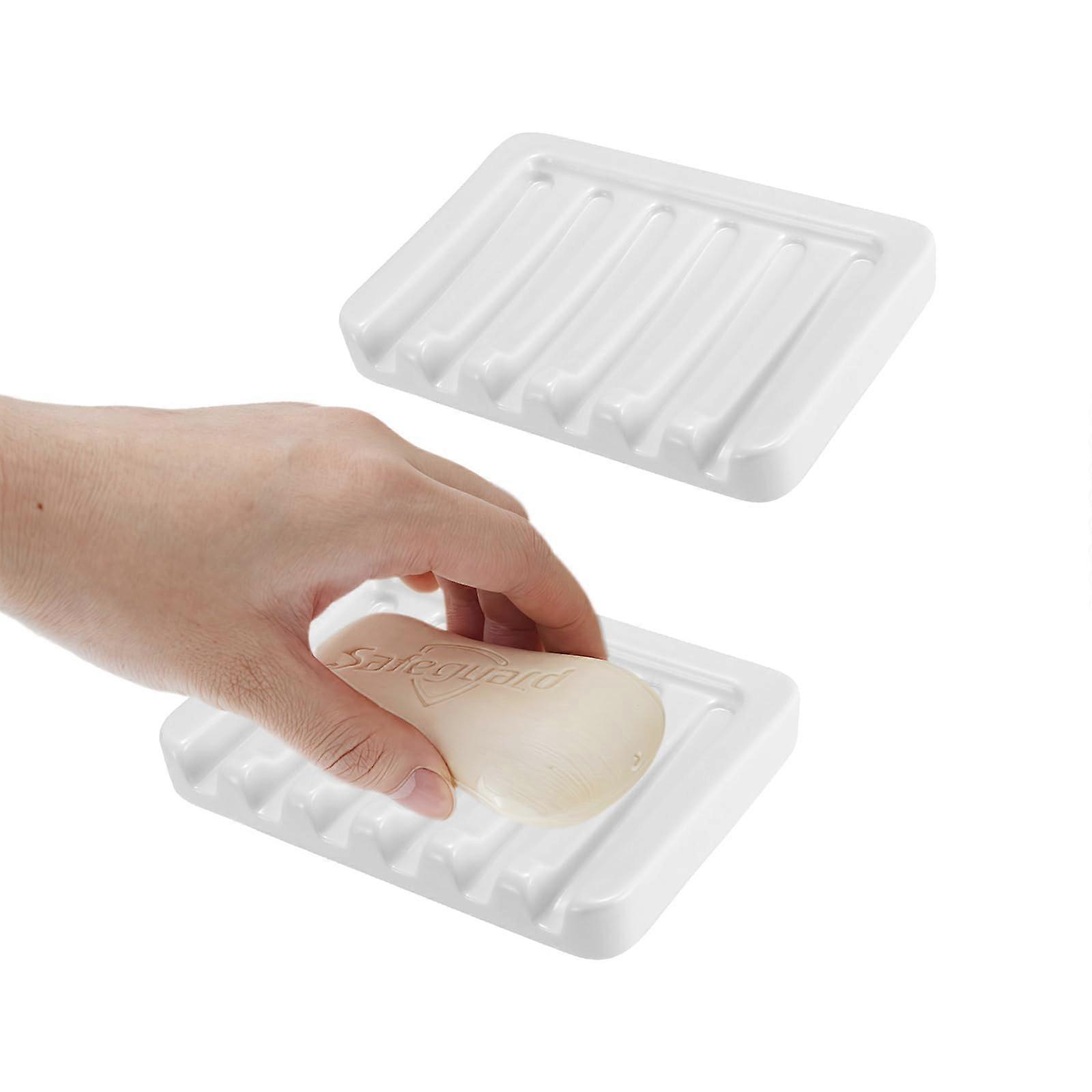 Soap Dish with NonSlip Base, Ceramic Self Draining Holder for Bathroom or Kitchen, White, 2 Pack