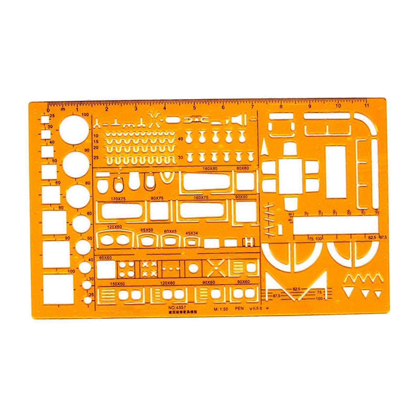 Architectural Template Drafting Stencil Ruler with Multiple Symbols 1:50 Scale Transparent Orange