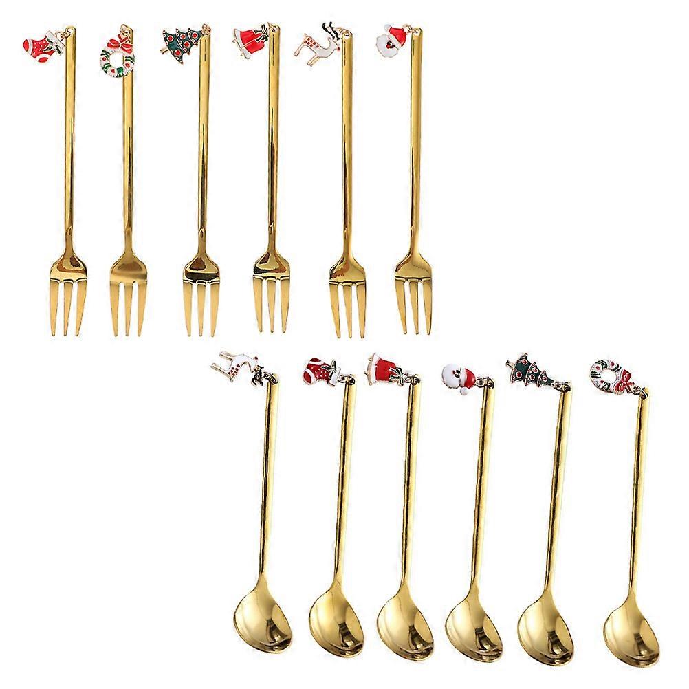 Christmas Pattern Forks and Spoons Kit for Home Use 2Sets Decorative Tableware