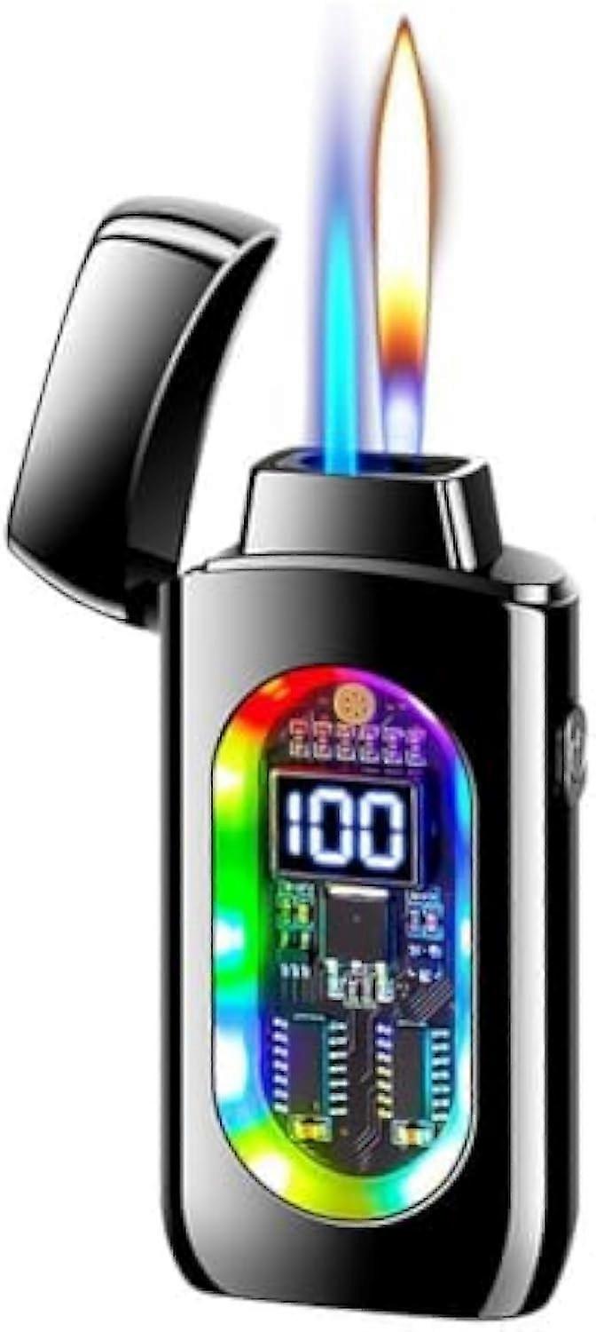 Butane Torch Lighter Dual Flame, 4Mode Ignition, TypeC Charging, Refillable for Cigars (Black1)