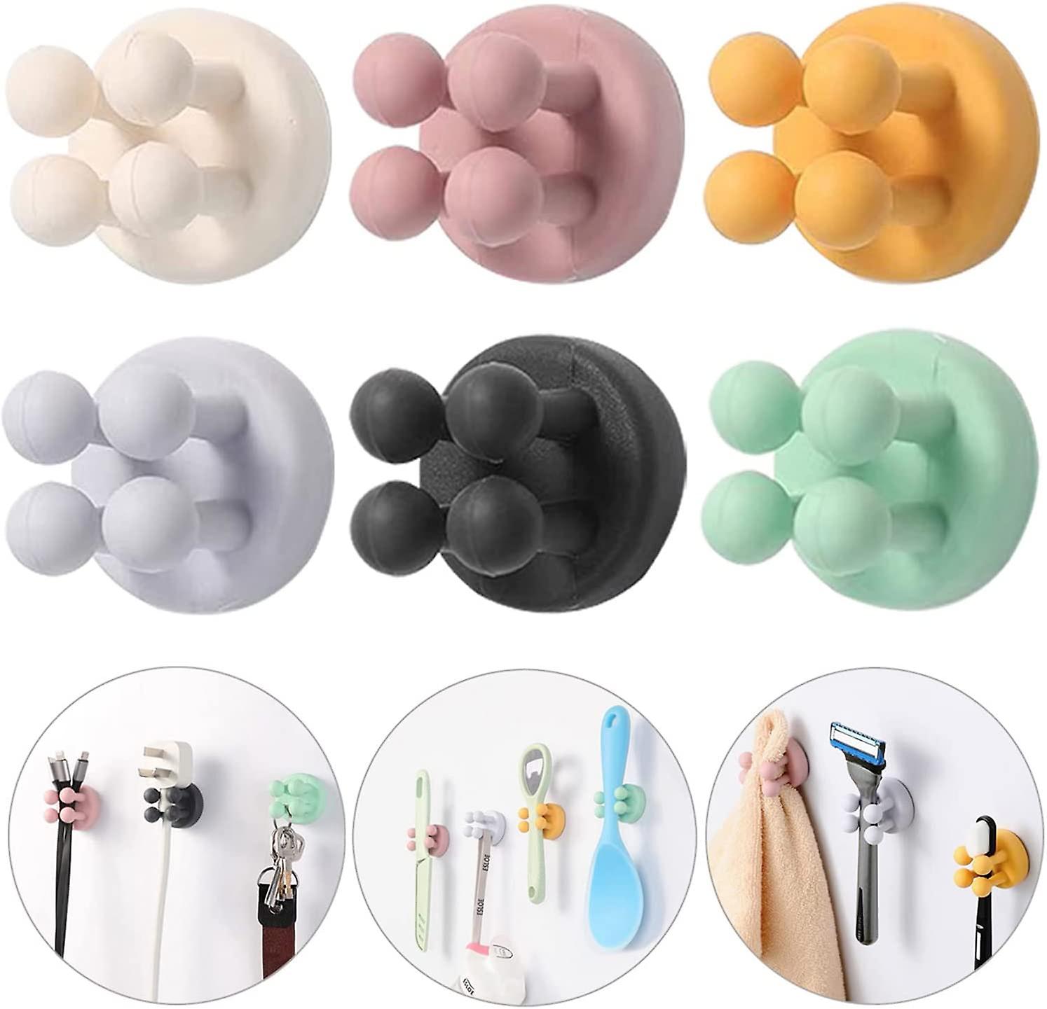 6 Pcs Silicone Toothbrush Holders - Multi-Function Hook Waterproof Self Adhesive Wall Mounted Single Hook for Hanging Key, Utility Plug Holder for Bat