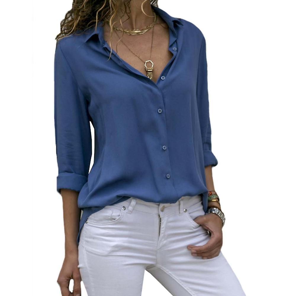 Women Long Sleeve Solid Button Down Lapel Shirt