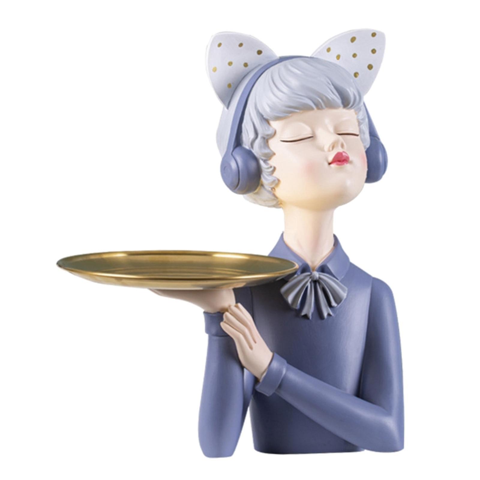 Girl Statue Sculpture Figurine Resin Craft Ornaments Tabletop Tray Blue