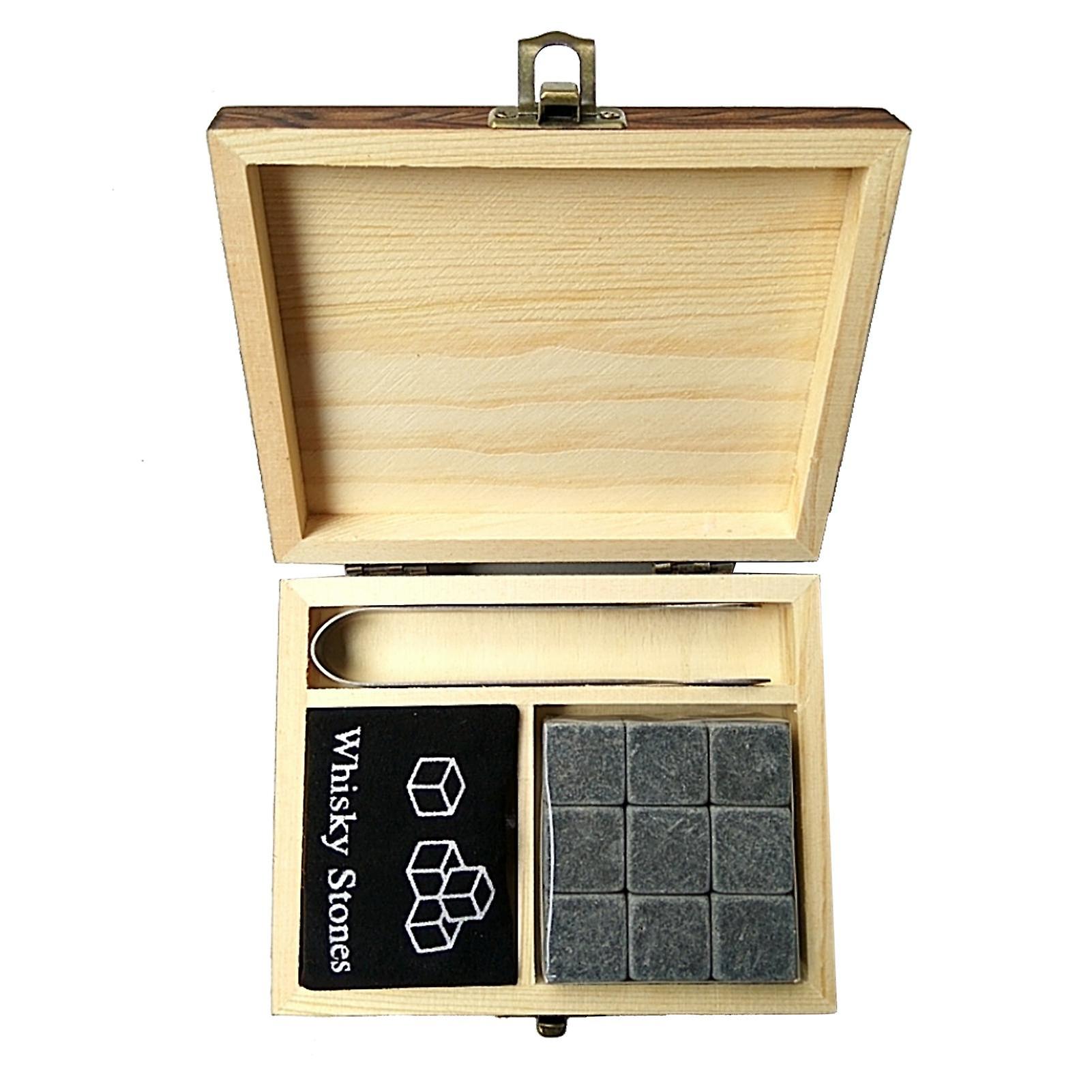 9PCS Whiskey Stones Set Chilling Stones Wooden Box Chilling Rocks Reusable Ice Cubes for Whiskey
