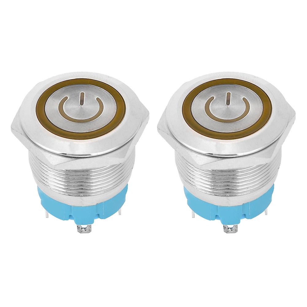 2PCS Yellow 22mm Flat Head 4-Pin Push Button Switch - 3-6VDC, with Power Light Indicator