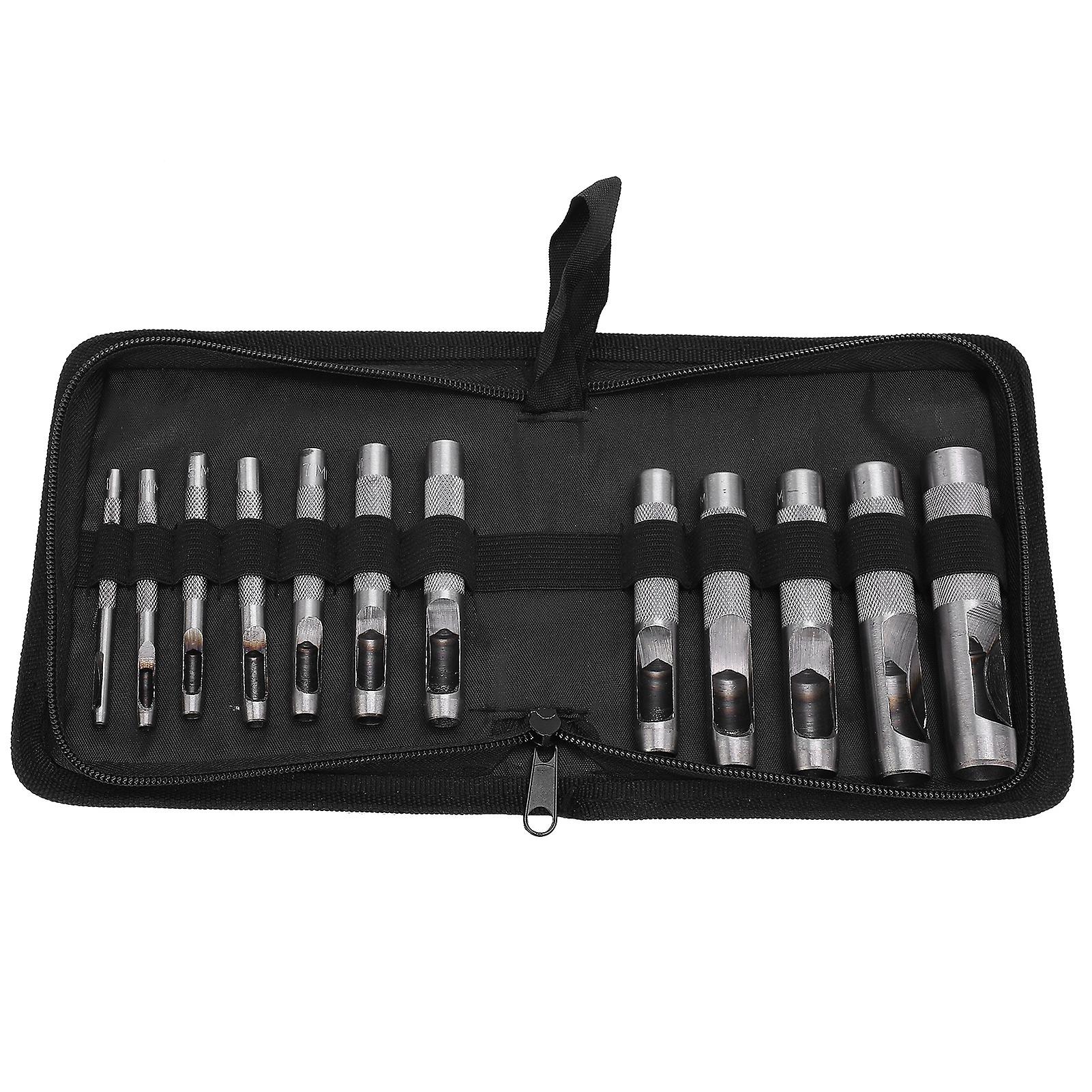 12pcs Leather Belt Hole Puncher Set Carbon Steel Multi-Function Hollow Punch Hand Tools 3-16mm Adjustable Crafting Tool Kit