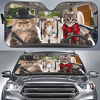 Selfie kat paar zonnescherm tabby kat bestuurder voorruit zonnescherm voor auto, grappig verbazingwekkend huisdier kat auto voorruit zonnescherm ~ 18186
