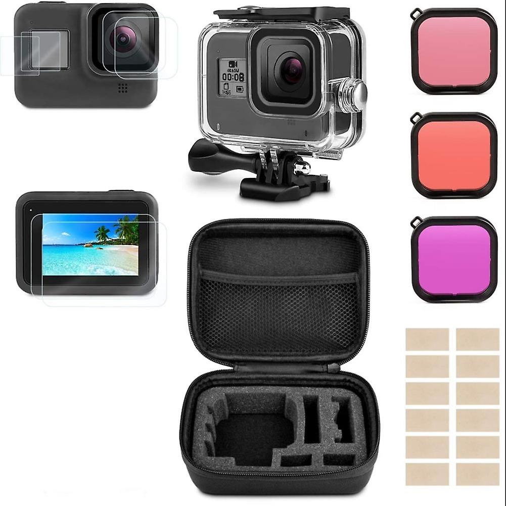 Accessory Kit for GoPro Hero 8 Package Includes Waterproof Case + Tempered Glass Screen Protector + 