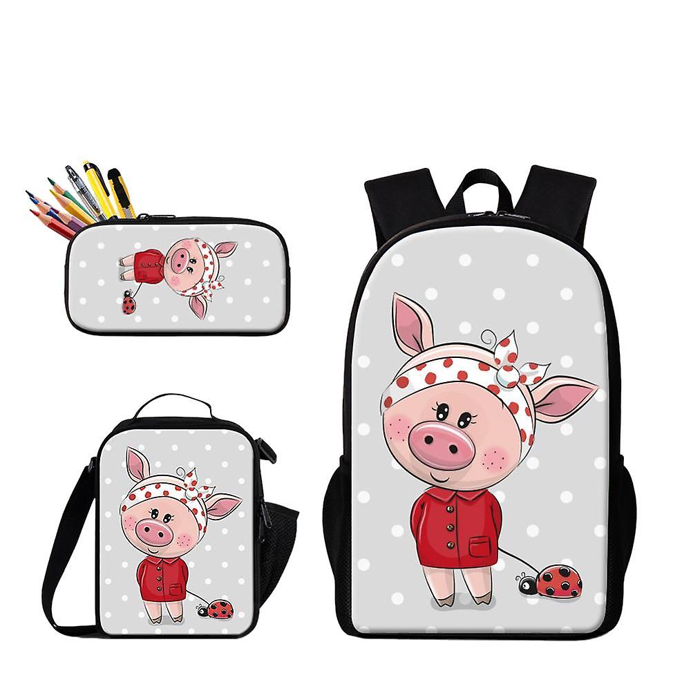 Redkid 3pcs Student Daily Use Backpack With Food Lunchbox Pencil Case Cartoon Pig Printing Primary S