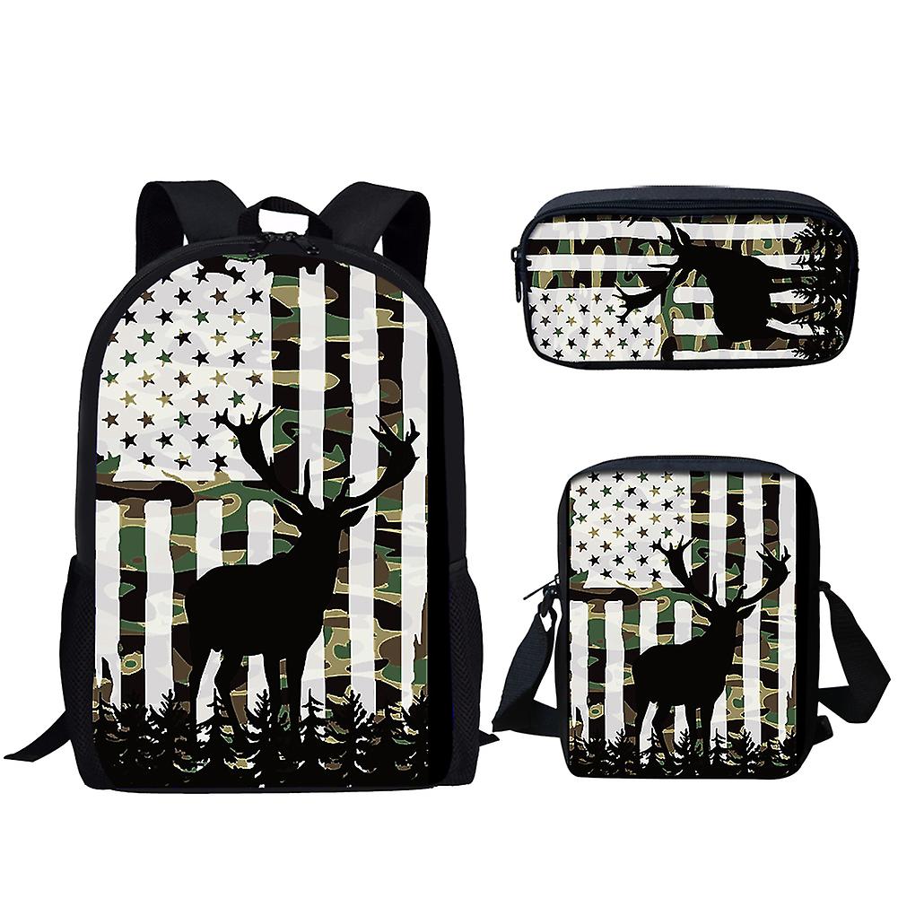 حقيبة ظهر للأطفال ذات سعة كبيرة 3 مجموعة كامو صيد العلم الأمريكي طباعة الغزلان حقائب مدرسية خفيفة الوزن للأولاد المراهقين حقائب الكتب غير الرسمية