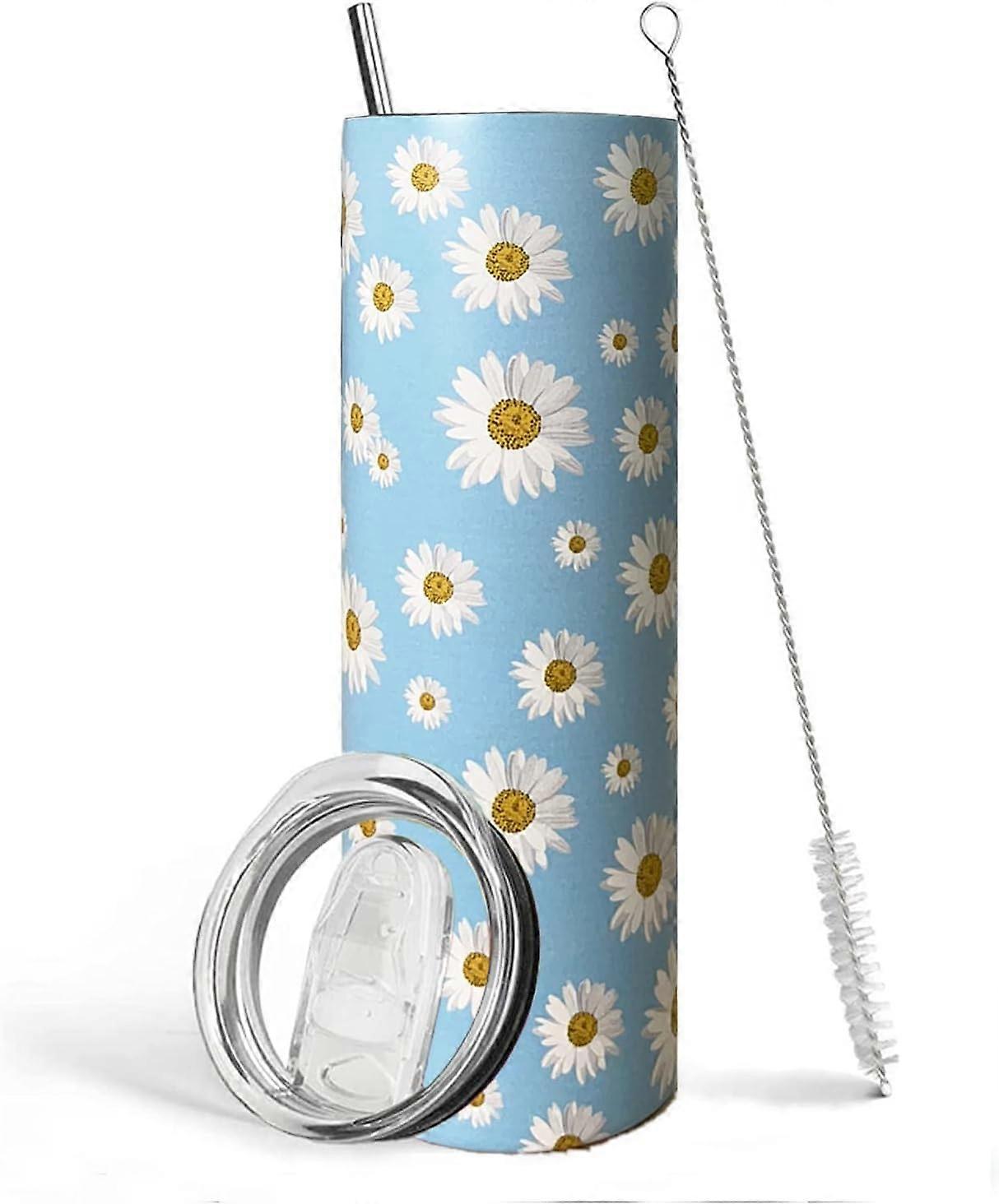 女性のためのデイジーギフトデイジーフラワータンブラーデイジーコーヒーマグフラワーカップ蓋と麦わら色と白のデイジースタッフの装飾